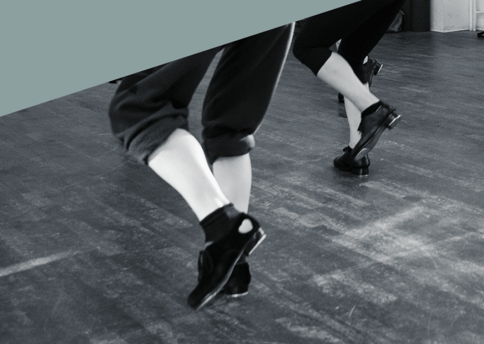 Backstage Studio: Legs and shoes of tap dancers during class