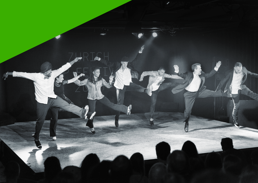 Tap artists Derick K. Grant, Barbara Duffy, Karen Callaway Williams, Danny Nielsen, Cartier Williams, Lane Alexander, Jason Janas together on stage during performance 2013 in Zurich